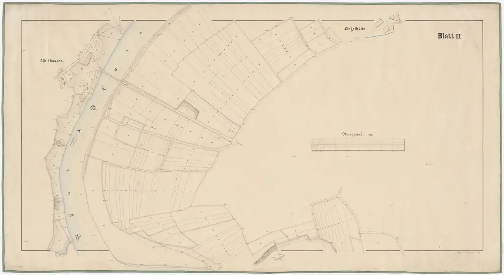 Thalheim an der Thur (damals Dorlikon), Ossingen: Von oberhalb bis unterhalb der Strassenbrücke in Gütighausen, Thurkorrektion, Katasterplan Blatt II; Situationsplan (Thur-Gebiet Nr. 26 b)