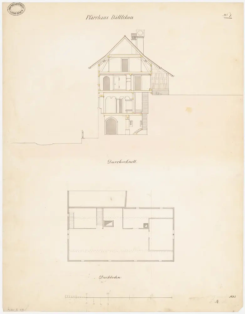 Dättlikon: Pfarrhaus; Querschnitt und Grundriss des Dachgeschosses (Nr. 7)