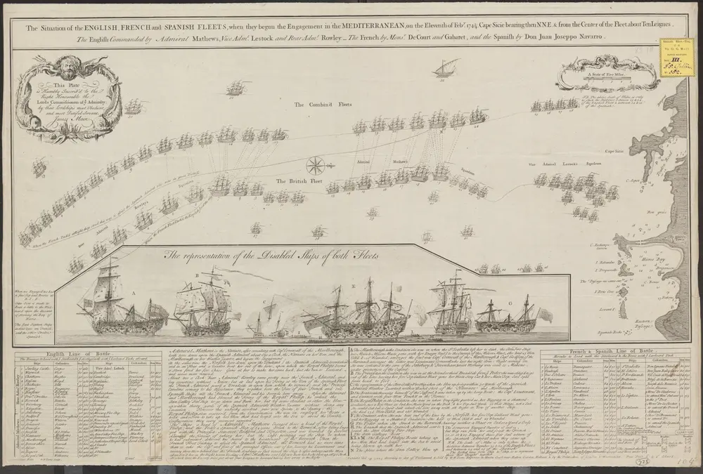 The situation of the English, French and Spanish fleets, when they begun the engagements in the Mediterranean, on the eleventh of Feby. 1743-4 [= 1744]: Cape Sicie bearing then N.N.E. & from the center of the fleet about ten leagues ...