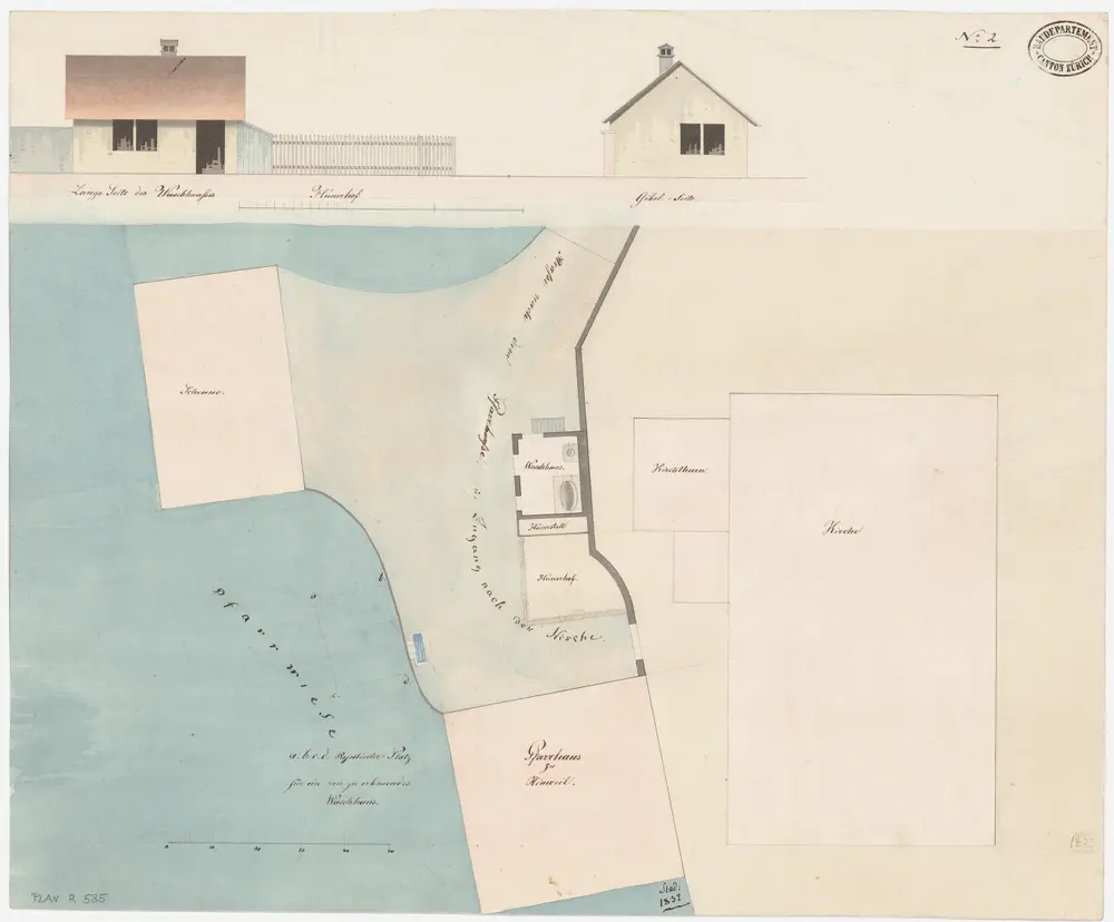 Hinwil: Kirche, Pfarrhaus und projektiertes, neues Waschhaus; Grundriss und Ansichten des Waschhauses (Nr. 2)