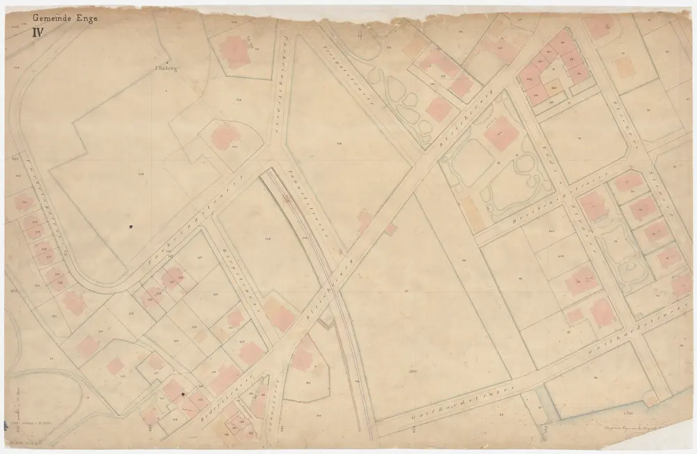 Enge: Gemeinde; Katasterpläne und Kataster-Ergänzungspläne: Blatt IV: Gegend bei Parkringstrasse, Bederstrasse, Bleicherweg, Stockerstrasse und Gotthardstrasse; Situationsplan