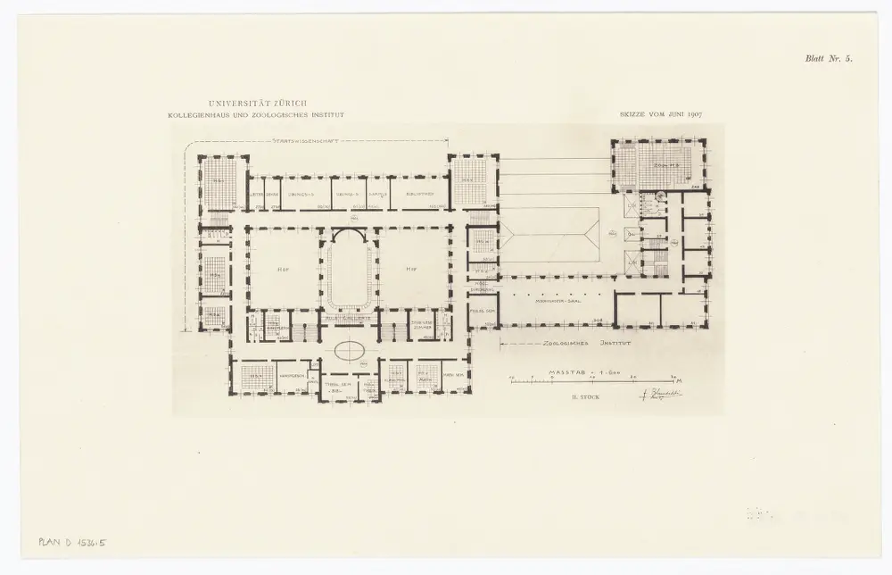 Universität Zürich, projektiertes Kollegienhaus und projektiertes Zoologisches Institut: 2. Stock; Grundriss (Nr. 5)