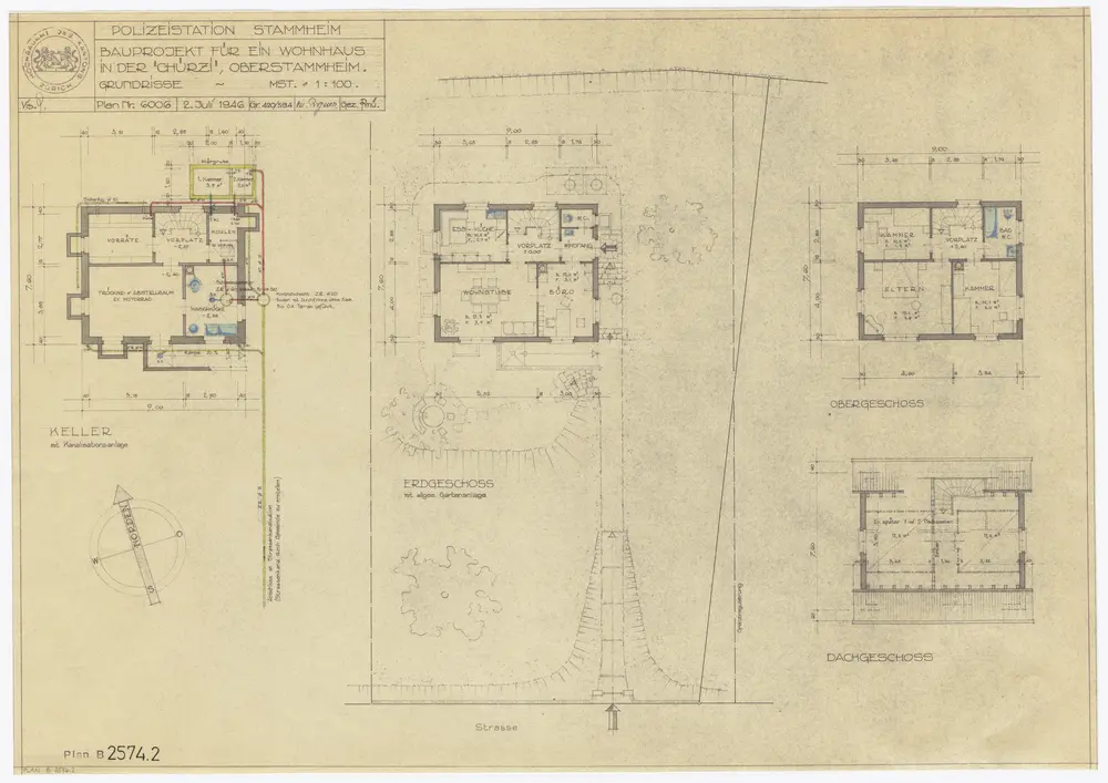 Oberstammheim: Polizeistation, projektiertes Wohnhaus in der Chürzi: Keller, Erdgeschoss, Obergeschoss und Dachgeschoss; Grundrisse