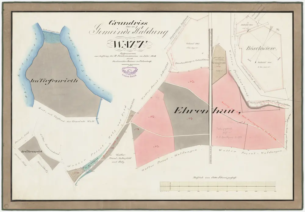 Regensdorf: Gemeindewaldung Watt: Tüfenriet (Tiefenrieth), Ehrenhau, Chräenriet (Chreienriet, Krähenrieth), Pöschwies (Böschwiese); Grundrisse