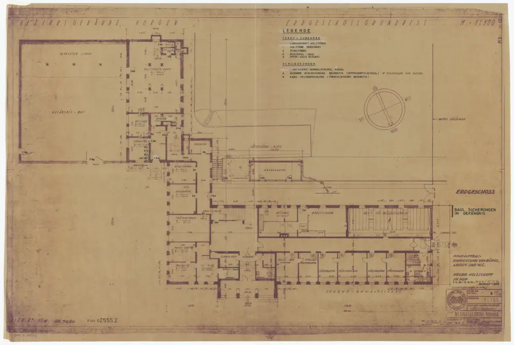 Horgen: Bezirksgebäude, bauliche Sicherungen im Gefängnis: Erdgeschoss, mit Einrichtung von Büros, Archiv und WC; Grundriss