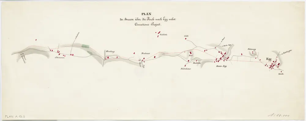 Vorlagen für die Topographische Karte des Kantons Zürich (Wild-Karte): Bezirk Uster: Strassenplan: Strasse über die Forch nach Egg nebst Korrektions-Projekt, Ausschnitt von Scheuren bis Egg