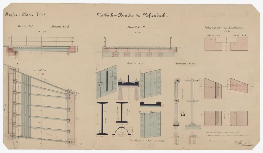 Neftenbach: Eiserne Balkenbrücke über den Näfbach; Seitenansicht, Grundriss und Schnitte