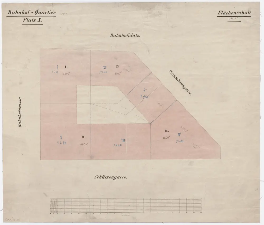 Bahnhofquartier, Bauabteilung 10, Gebäude an der Waisenhausgasse, Schützengasse, Bahnhofstrasse und am Bahnhofplatz: Einteilung der Bauplätze; Grundriss (Nr. 8)