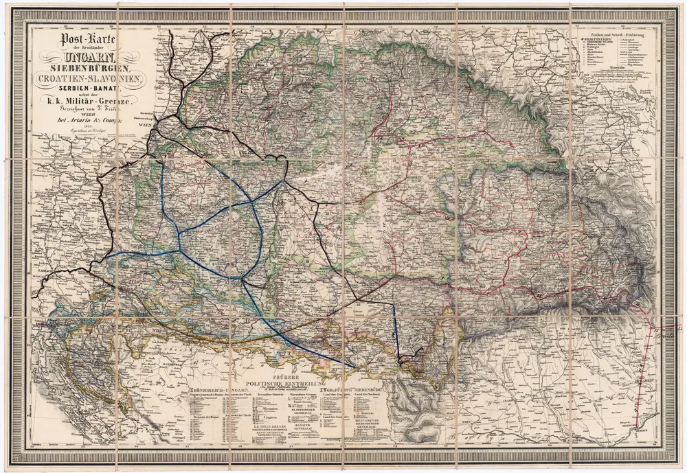 Post-Karte der Kronländer Ungarn, Siebenbürgen, Croatien-Slavonien, Serbien-Banat, nebst der k. k. Militär-Grenze