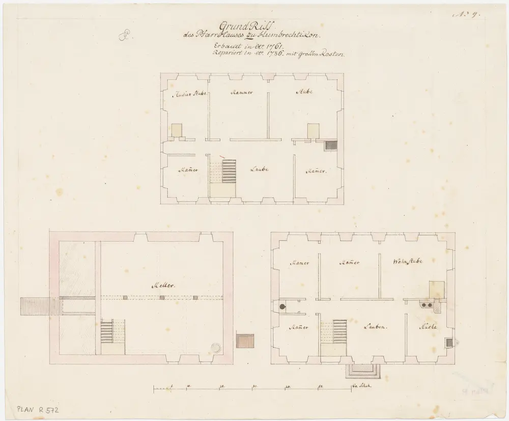 Hombrechtikon: Pfarrhaus, Keller, Erdgeschoss und 1. Stock; Grundrisse (Nr. 9)