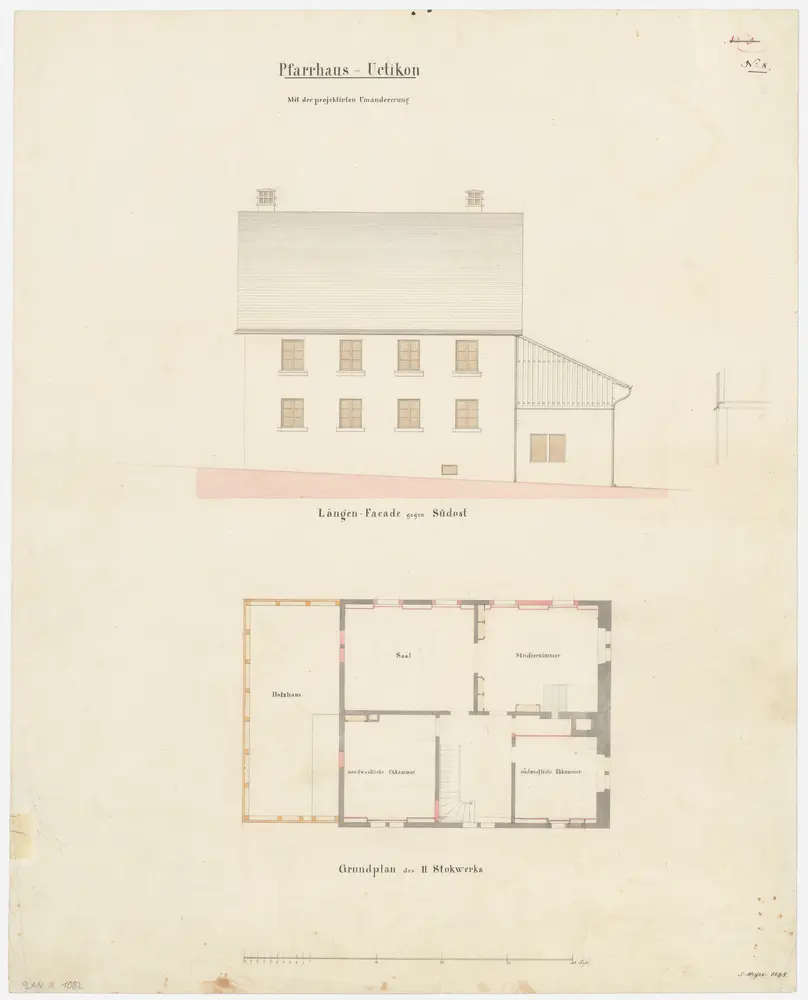 Uetikon am See: Pfarrhaus; Grundriss des 2. Stocks und Südansicht (Nr. 8)