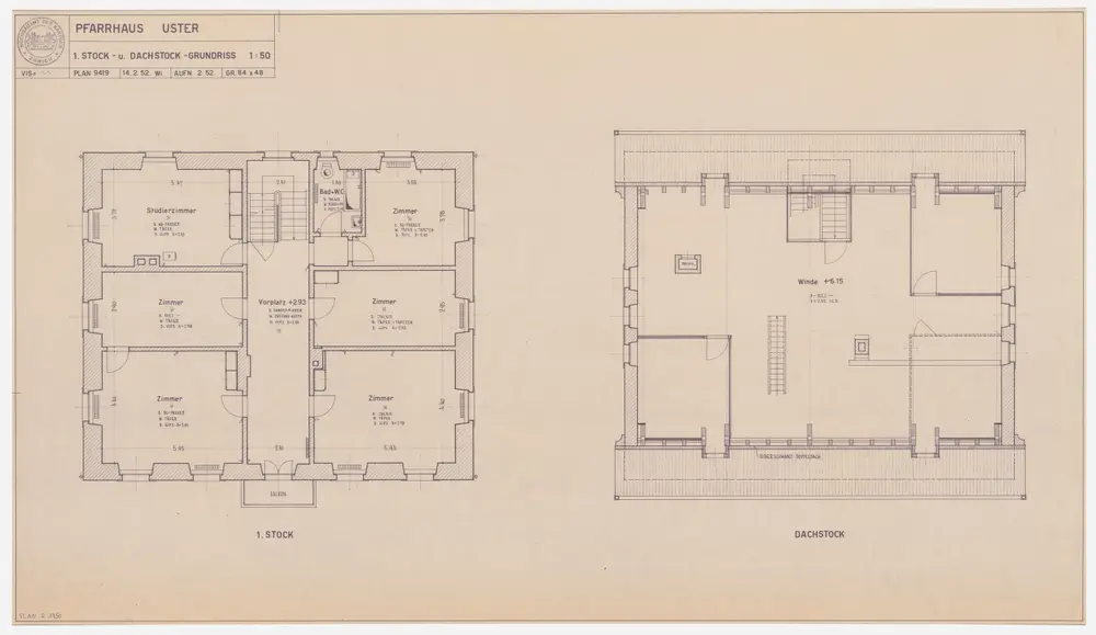 Uster: Pfarrhaus, 1. Stock und Dachgeschoss; Grundrisse
