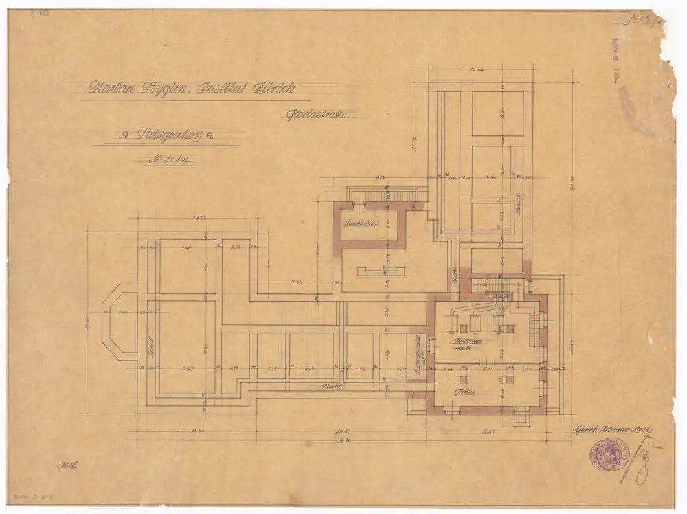 Hygiene-Institut, Neubau an der Gloriastrasse: Heizgeschoss; Grundriss