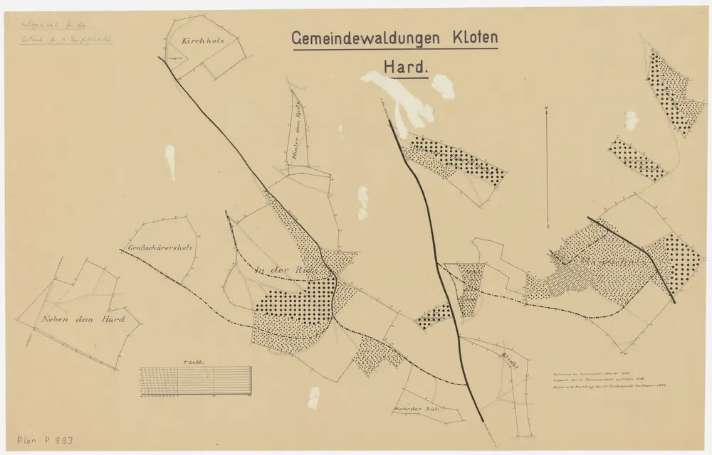 Kloten: Hard mit Hagenholz, Dorfnäst (Dorfnest), Staudenhölzli, Grossschärersholz, Näbethard (Neben dem Hard), Rüti, Hardwis (Hardwies), Spitz, Kirchholz, Studenhölzli (Staudenhölzli), Brinersholz, Molenchopf (Molenkopf oder Nöschikerholz), Stifel (Stiefel); Grundrisse