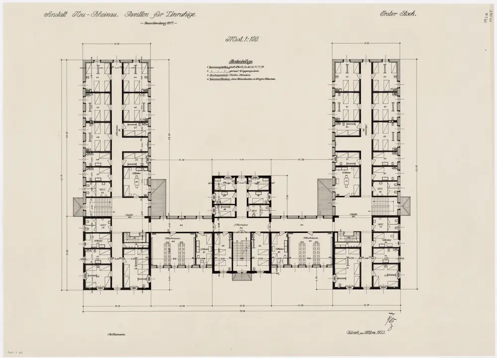 Pflegeanstalt Neu-Rheinau: Gebäude für Unruhige, 1. Stock; Grundriss