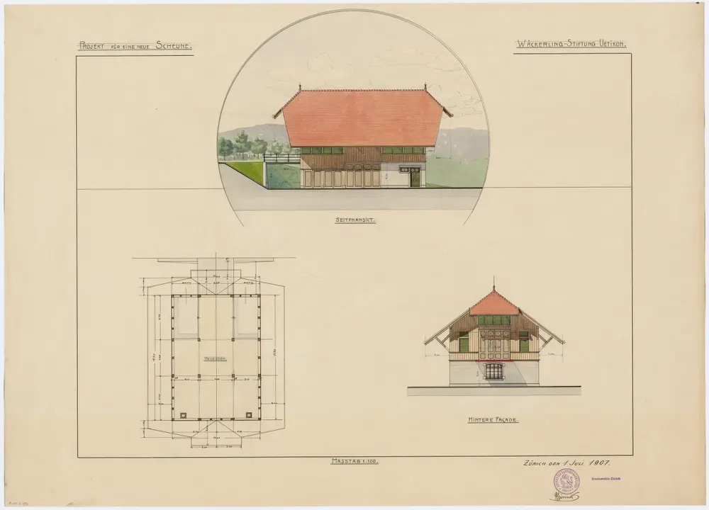 Uetikon am See: Wäckerlingstiftung, Projekt für neue Scheune; Ansichten und Grundriss