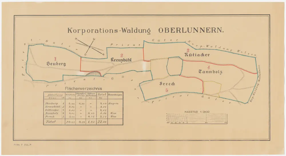 Obfelden: Genossenschaftswaldung Oberlunnern: Tannholz, Heuberg, Färech (Ferech), Chrüzbüel (Kreuzbühl), Rütiacker; Grundriss