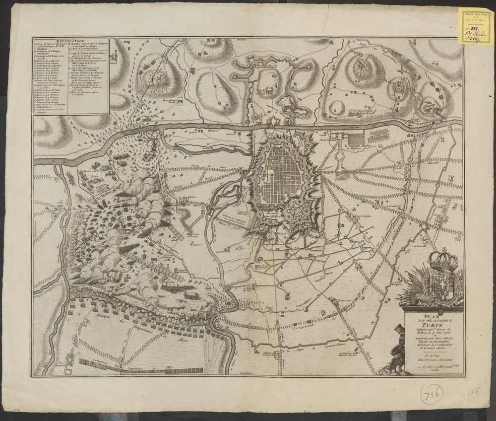 Plan de la ville et citadelle de Turin assiegées par l'armée de France, le 3e. Juin 1706 et secourués par leurs Altesses Royale, et Serenissime de Savoye, le 7e. Septembre de la même année