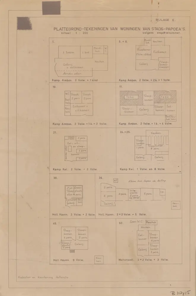 Plattegrond-tekeningen van woningen van Stad-Papoea's volgens enquêtenummer in Hollandia