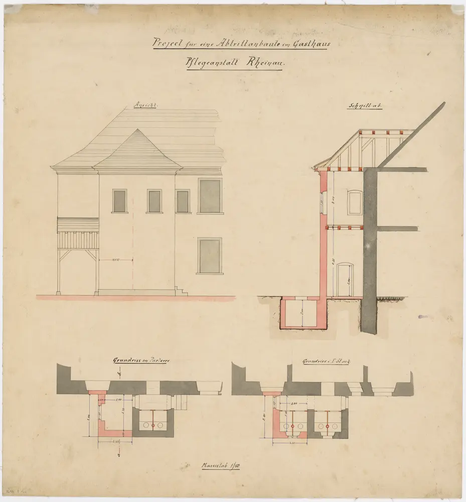 Pflegeanstalt Rheinau: Gasthaus, projektierter Abortanbau; Ansicht, Grundriss und Schnitt