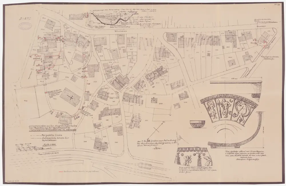Oberwinterthur: Kirche, Pfarrhaus und Umgebung, Erstellung der Kanalisation im Pfarrhausgelände, Ausgrabungsarbeiten zur Feststellung der römischen Kastellmauer; Grundriss sowie Detailansichten von Scherben römischer Gefässe (Nr. 24)