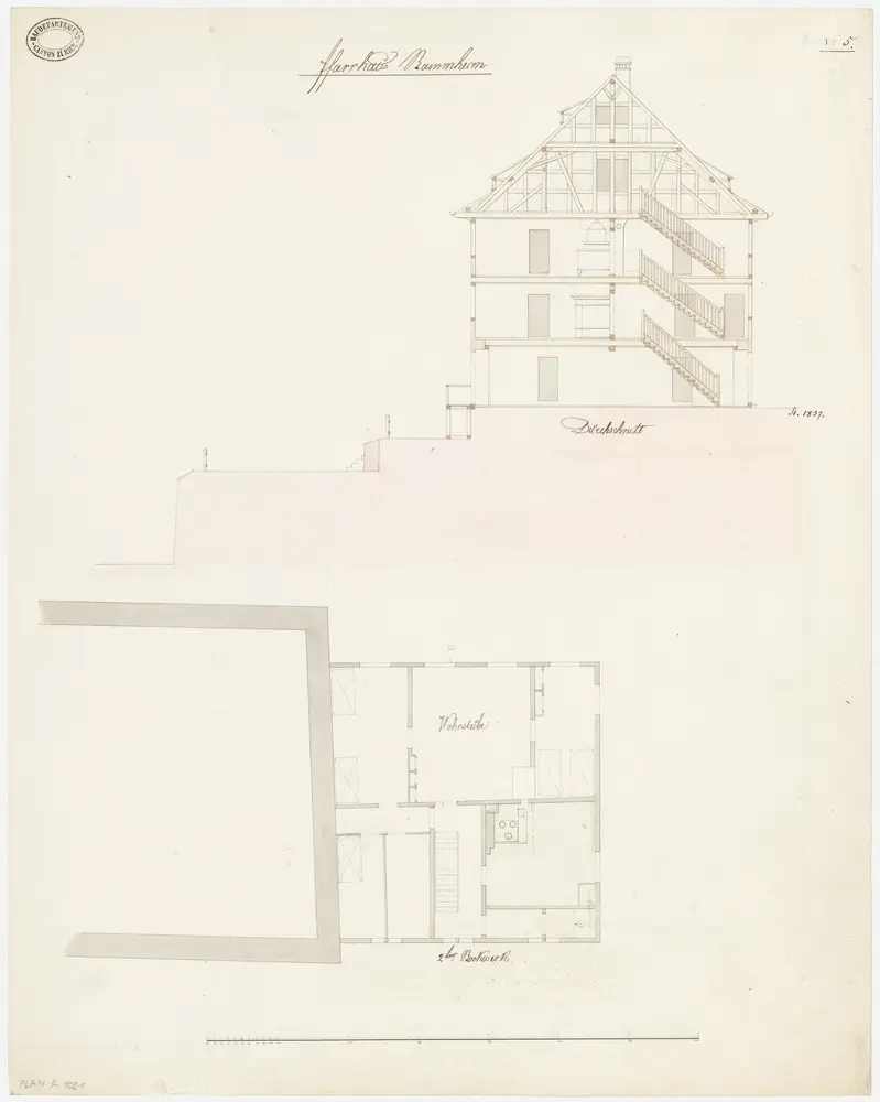 Unterstammheim: Pfarrhaus Stammheim; Grundriss des 2. Stocks und Querschnitt (Nr. 5)