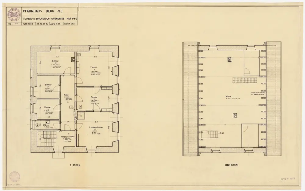 Berg am Irchel: Pfarrhaus, 1. Stock und Dachgeschoss; Grundrisse