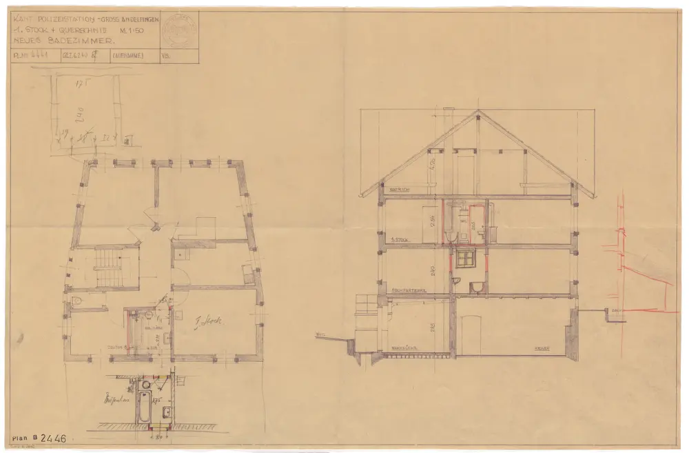 Andelfingen: Polizeistation, neues Badezimmer, 1. Stock und ganzes Gebäude; Grundriss und Querschnitt