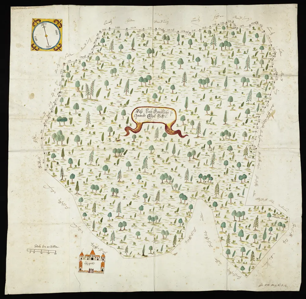 HZAN GA 100_Nr. 423_ : Weikersheim [Louisgard]; "Das hochgräfliche sogenannte Kappelholz";[J.M.W.];40 Ruten = 7,2 cm;74 x 71,5 cm; Norden oben;dargestellt ist Hof Louisgard [ehemaliges Kloster Lochgarten];Papier; Wasserfarben; Angrenzer namentlich angegeben; Grenzsteine nummeriert.