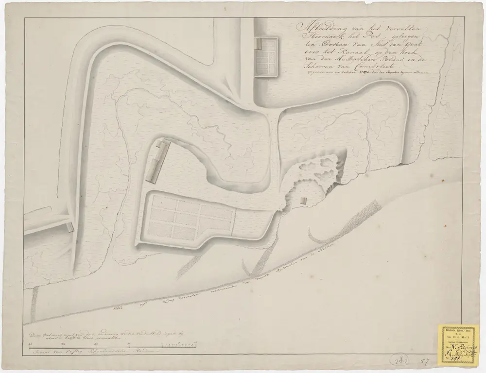 Afbeelding van het vervallen hoornwerk het Pas, geleegen ten Oosten van Sas van Gent over het kanaal op den hoek van den Austrischen Polder in de schorren van Canisvliet