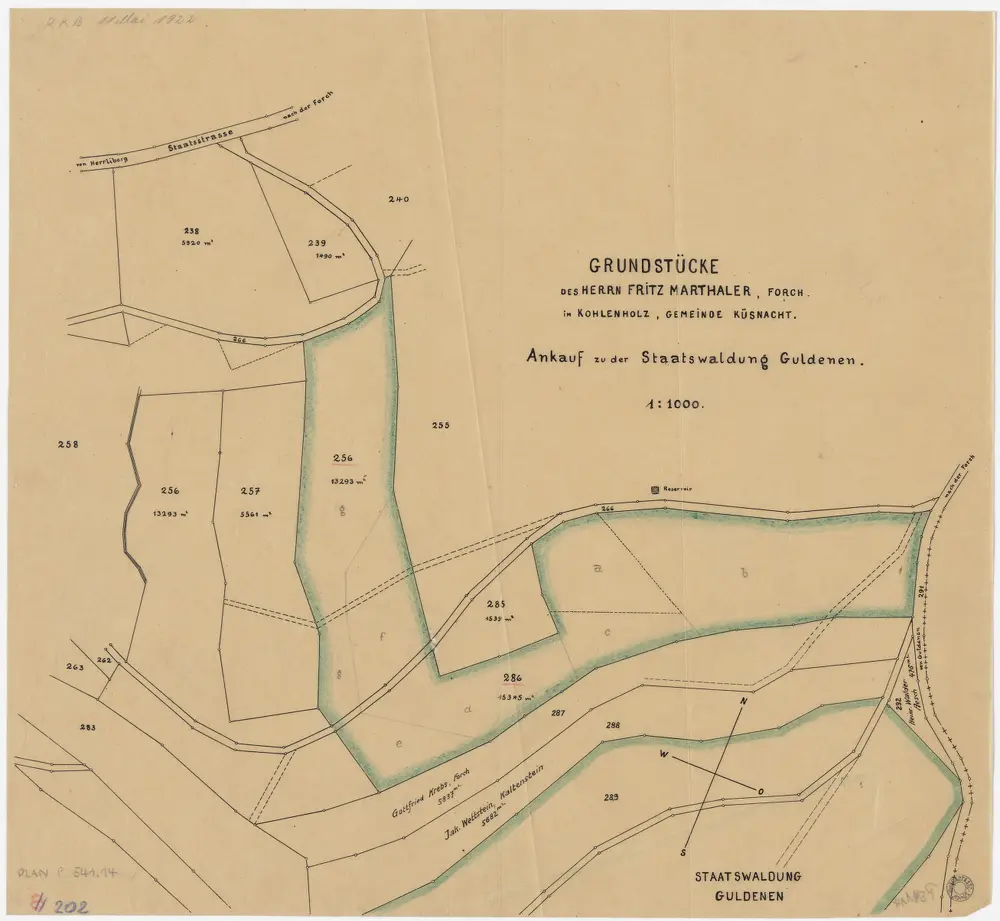 Maur, Herrliberg, Küsnacht, Egg: Staatswaldungen: Küsnacht: Angekaufte Privatgrundstücke von Fritz Marthaler im Cholenholz; Grundriss