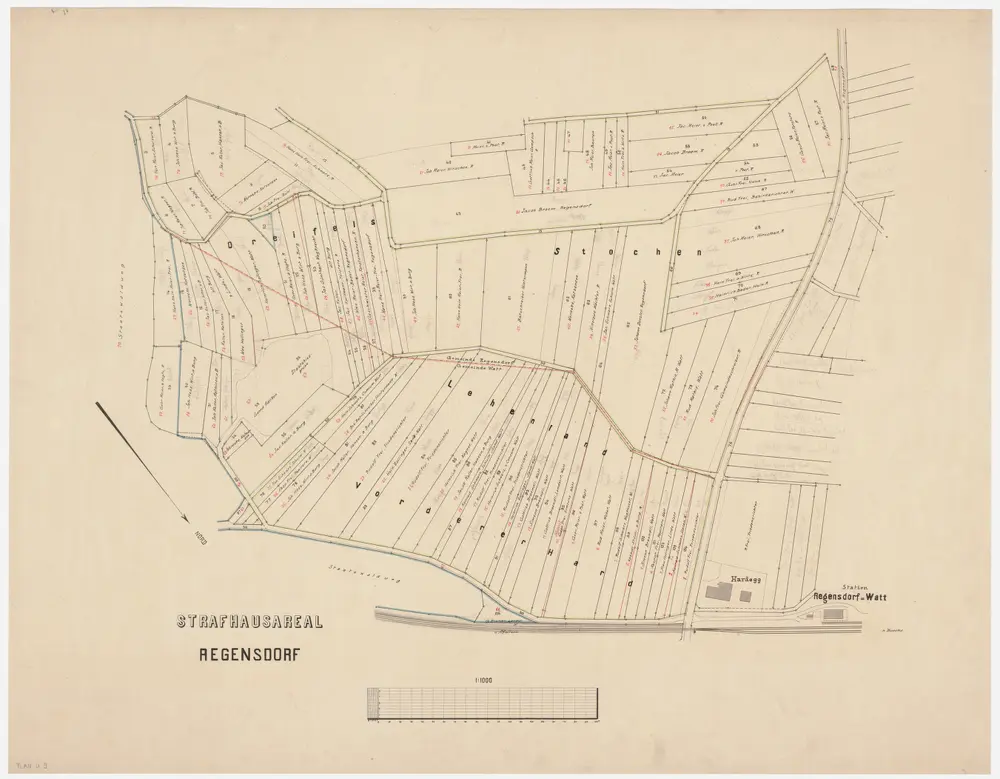Regensdorf: Gegend bei Dreifels, Stocken, Lehenland, Vorderer Hard, Hardegg und Bahnhof; Vermessungsplan