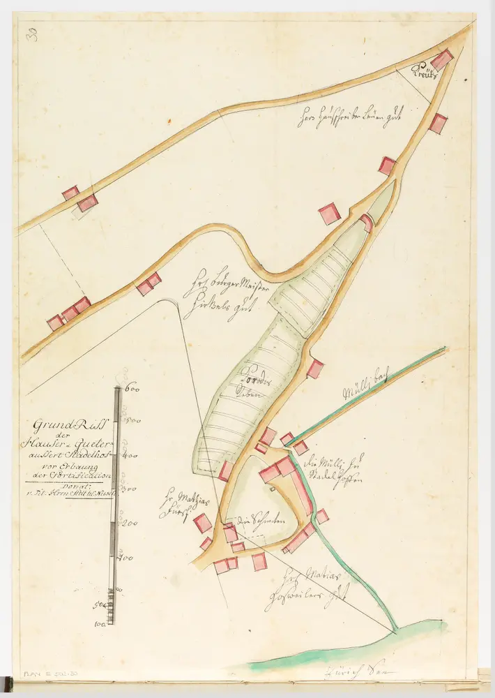 Zürich: Dem Spital Zürich gehörende Lehen in den Fortifikationswerken; Ansichten, Grundrisse und Schnitte: Häuser und Güter bei Stadelhofen vor der Erbauung der Fortifikation; Grundriss