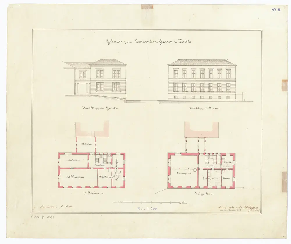 Botanischer Garten, projektiertes Gebäude: Ansichten und Grundrisse (Nr. 8)