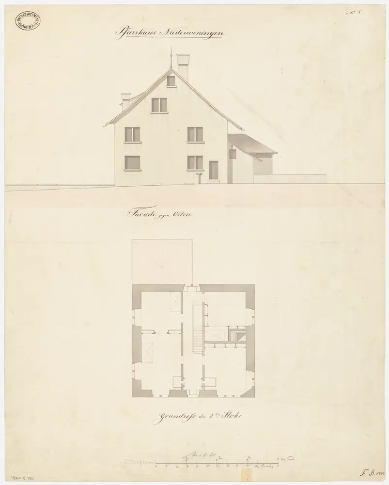 Niederweningen: Pfarrhaus; Ostansicht und Grundriss des 2. Stocks (Nr. 5)