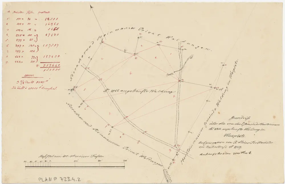 Steinmaur: Gemeinde- und Genossenschaftswaldungen: Durch die Gemeinde Obersteinmaur im Jahr 1866 angekaufte Waldung Im Wiesplatz; Grundriss
