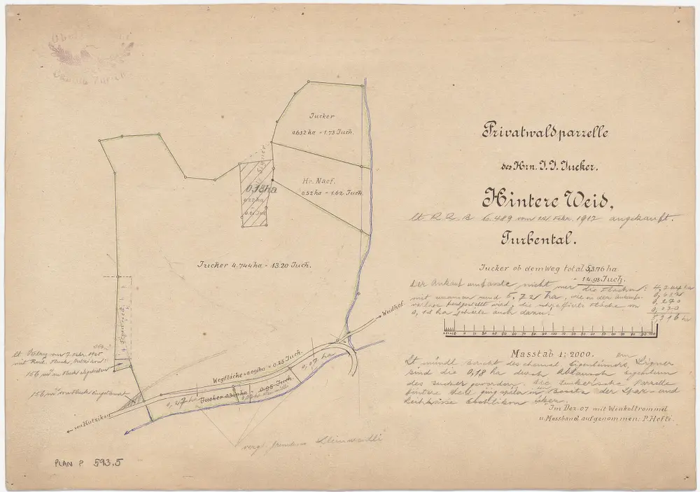 Turbenthal: Staats- und Privatwaldungen: Herrn J. J. Jucker gehörende Privatwaldparzelle Hintere Weid; Grundriss