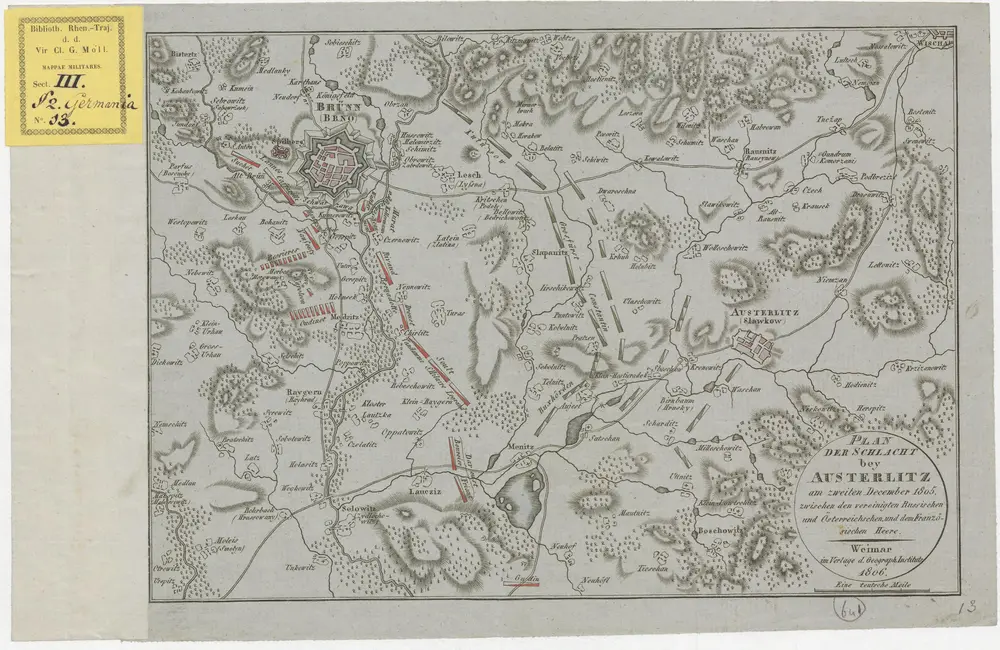 Plan der Schlacht bey Austerlitz am zweiten December 1805 : zwischen den vereinigten Russischen und Österreichschen, und dem Französischen Heere