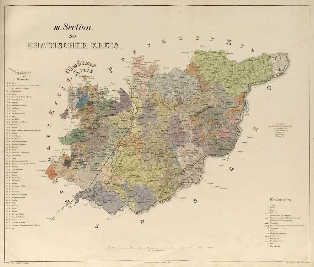 Die Markgrafschaft Mähren mit dem Herzogthume Schlesien.in acht, die einzelnen Kreise darstellenden Blättern, nach den neuesten astronomischen und geometrischen Messungen. Als Land-, Wasser-, Strassen-, Eisenbahn-, Post- und Herrschafts-Gränzkarte; Ein Supplement zu den topographischen Werken von Wolny, Ens, Kneifel