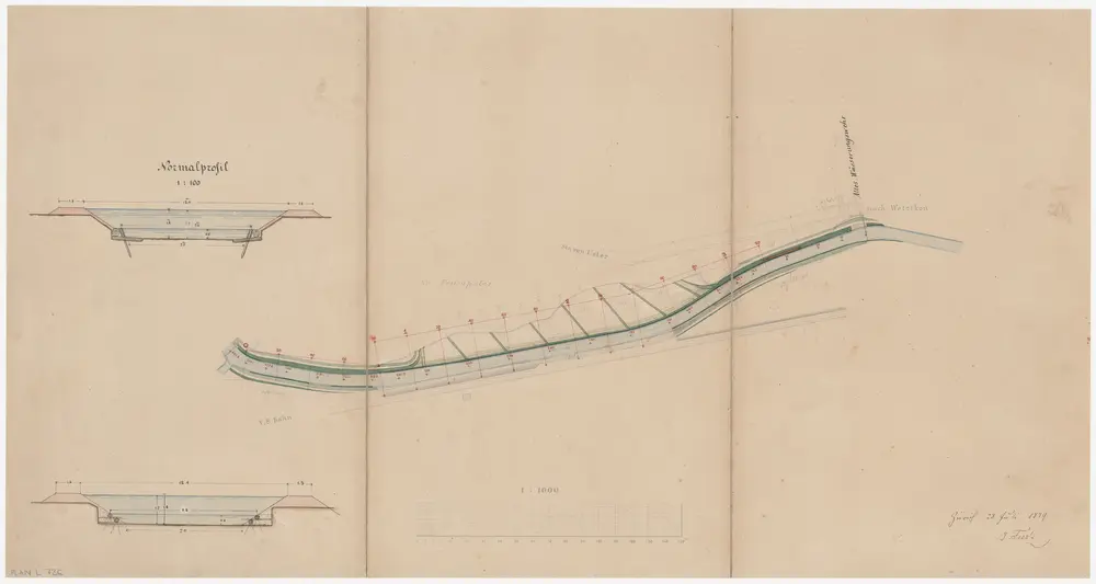 Uster: Bahnlinie bis zum Wehr Trümpler in Oberuster, Aakorrektion (Aabach); Situationsplan und Normalprofile