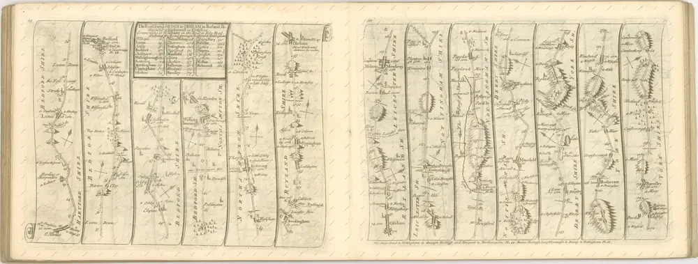 mapa z atlasu "The Roads through England delineated or, Ogilby ́s Survey, Revised, Improved, and Reduced to a Size portable for the Pocket By John Senex F, R, S. Being an Actual Survey of all the Principal Roads of England, And Wales, Distinctly laid down on one hundred "