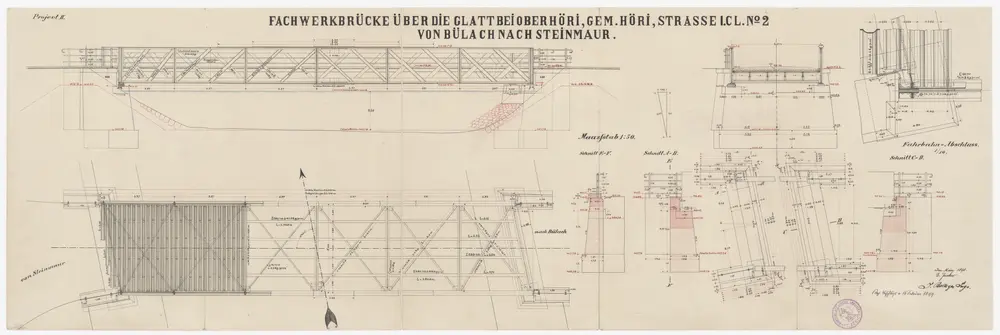 Höri: Fachwerkbrücke über die Glatt in Oberhöri; Seitenansicht, Grundriss und Schnitte