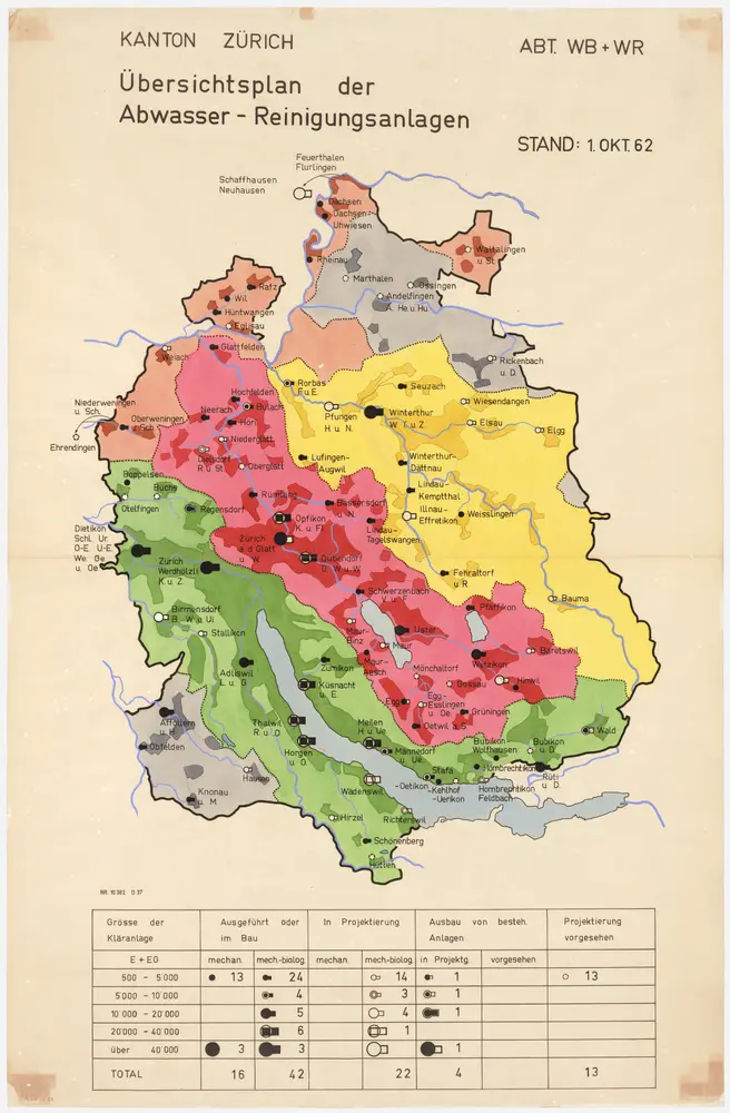 Kanton Zürich: Bestehende und projektierte Abwasserreinigungsanlagen, Zustand 01.10.1962; Übersichtskarte