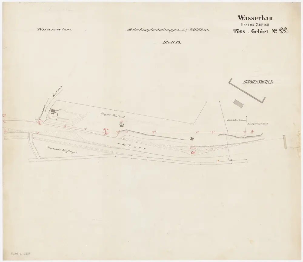 Wülflingen: Von der Bodmermühle (später Wespimühle) bis zur Einmündung der Eulach, Tösskorrektion; Situationsplan (Töss-Gebiet Nr. 22, Blatt 13)