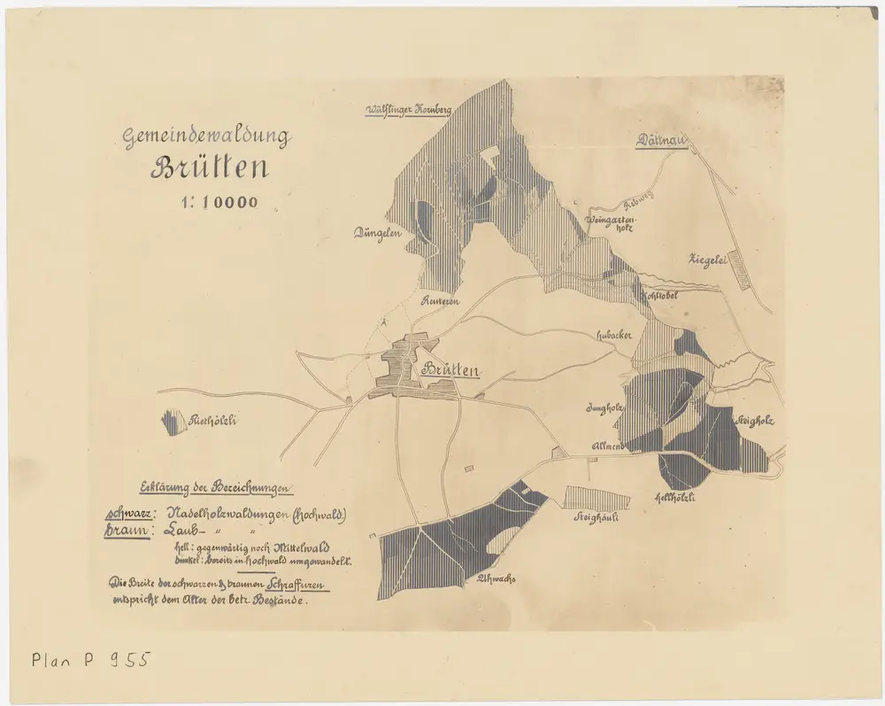 Brütten: Gemeindewaldungen Tüngelen (Düngelen), Uewachs (Uhwachs), Steighäuli, Hellholz (Hellhölzli), Huebacher (Hubacker), Jungholz, Wingertenholz (Weingartenholz); Grundrisse