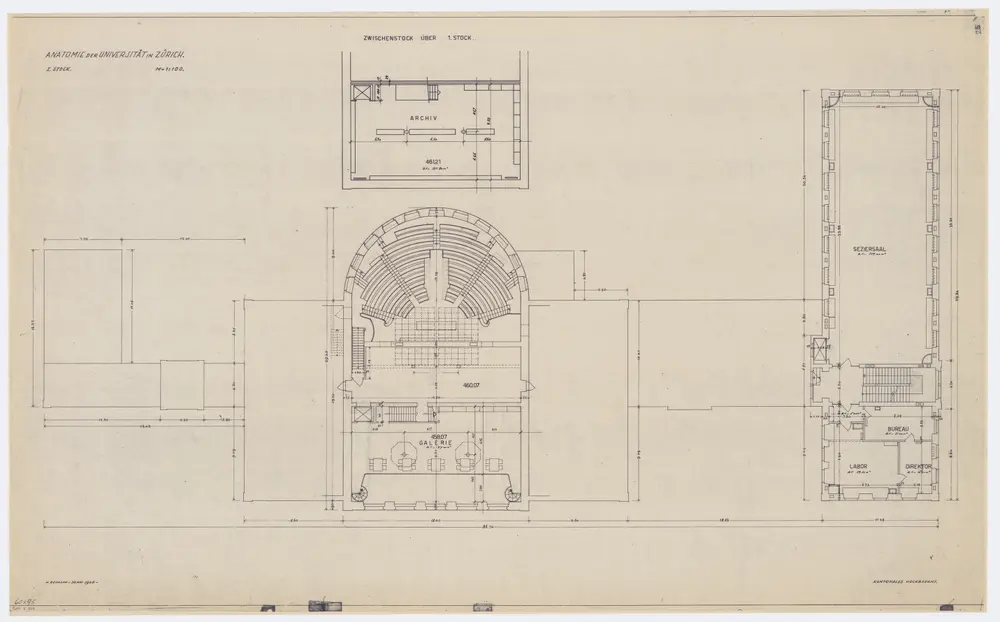 Zürich: Universität, Anatomie, 1. Stock und Zwischenstock über 1. Stock; Grundriss