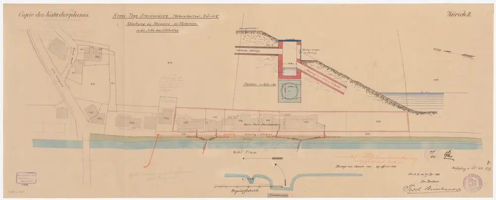 Zürich: Oberhalb der Utobrücke, Abwasserleitung der Färbereien Steinhauser; Situationsplan, Querschnitt und Details