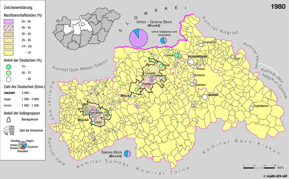 Siedlungsgebiet der Deutschen nach dem Nachbarschaftsindex für Mittel-Transdanubien 1980