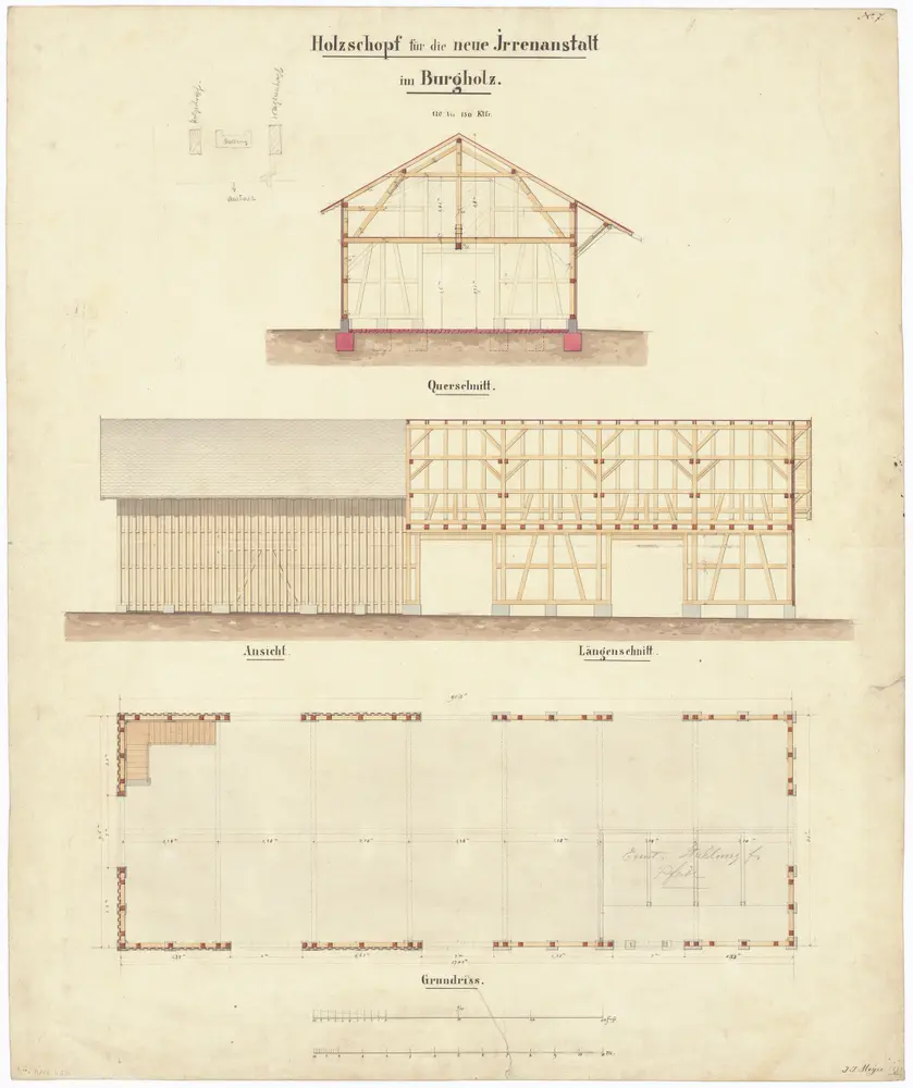 Irrenanstalt Burghölzli, projektierter Holzschuppen: Ansicht, Grundriss und Schnitte