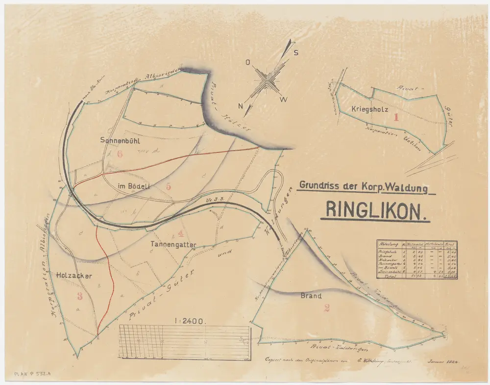 Uitikon: Genossenschaftswaldung Ringlikon: Chriegholz (Kriegsholz), Brand, Holzacher, Boden (Bödeli), Sonnenbühl, Tannengatter; Grundrisse